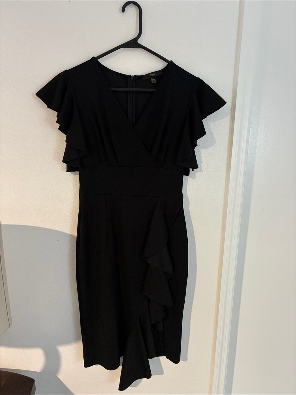 Women's Black Ruffle Midi Dress - Elegant V-Neck Cocktail Dress